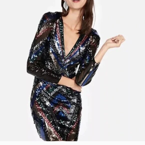 EXPRESS Black Multicolor Sequin Mini Dress V Neck Stretch Long Sleeves Size XS - Picture 1 of 7
